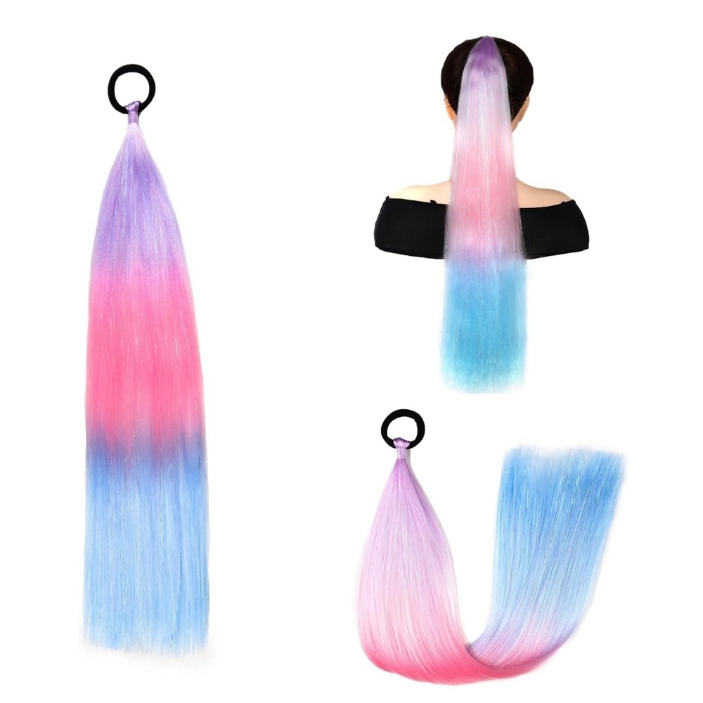 Rainbow Pony Tail Hair Extensions Pink Purple Blue Ombre 24 Inch 2 Pack